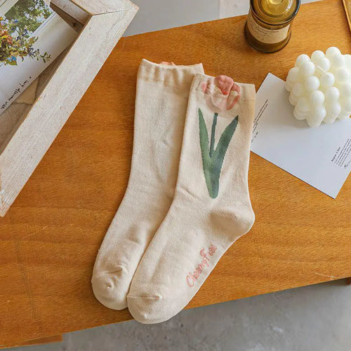 Calcetines de Algodón Retro con Flores de Tulipán