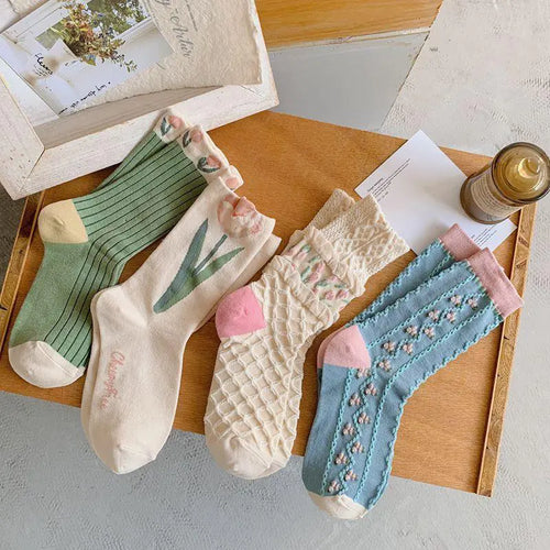 Calcetines de Algodón Retro con Flores de Tulipán